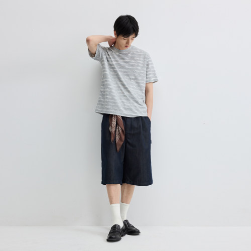 VMCL松弛感立体烧花灰调波浪条纹宽松短袖TEE恤男26SS vermicelli