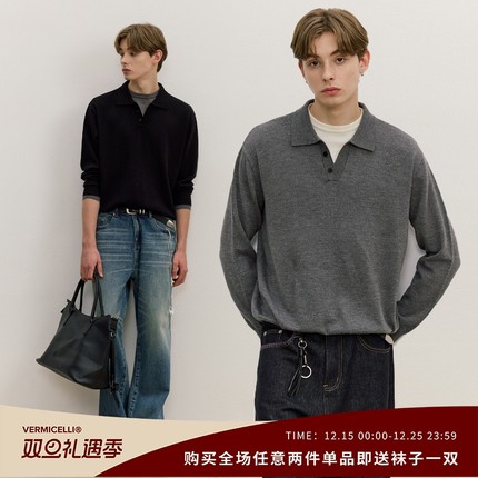 VMCL老钱风羊毛假两件翻领POLO修身毛衣针织衫男秋25AW vermicell