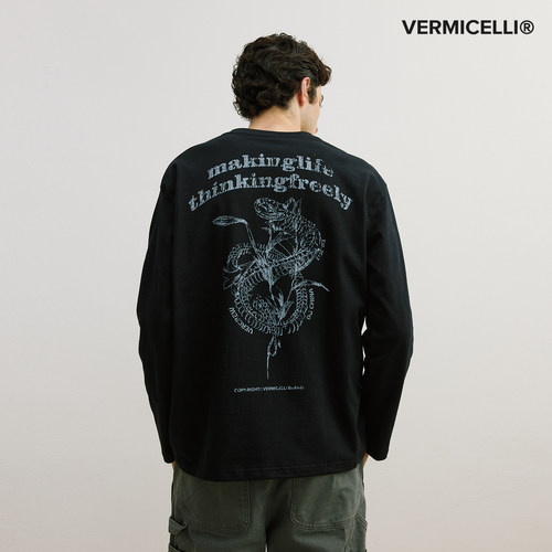 VMCL【定番】复古做旧蛇骨花印花长袖T恤男女情侣26AW vermicelli