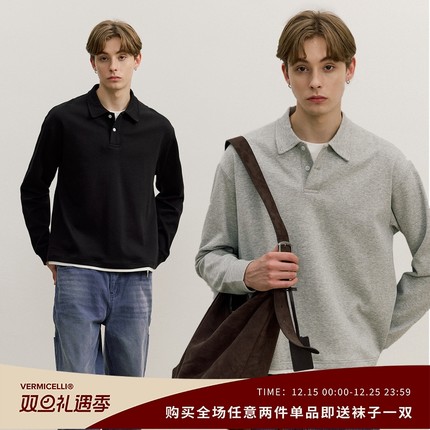 VMCL 290克假两件翻领POLO长袖T恤老钱风卫衣男25AW vermicelli