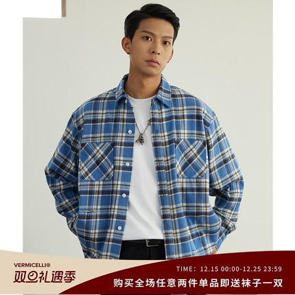 VMCL 破坏水洗蓝色格子日系复古长袖衬衫外套男秋23AW vermicelli