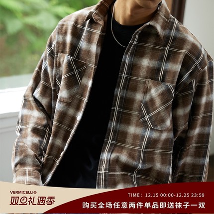 VMCL重磅粗砂格纹复古质感面料长袖格子衬衫外套男23AW vermicell