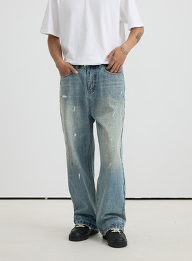 VMCL泼墨印花 复古做旧水洗蓝宽松牛仔裤长裤男秋24AW vermicelli