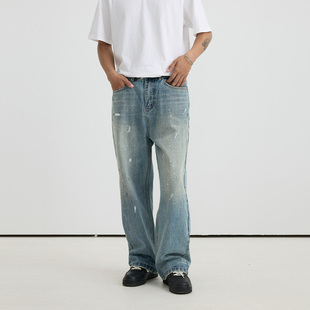 男秋24AW 长裤 vermicelli 复古做旧水洗蓝宽松牛仔裤 VMCL泼墨印花
