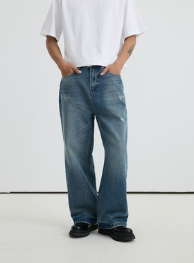 VMCL闪电破洞 日系复古水洗宽松直筒牛仔长裤男潮24AW vermicelli