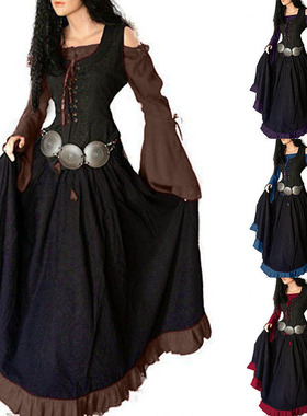 欧美中世纪时期宫廷复古修身修身一字领系带大摆连衣裙拼接喇叭