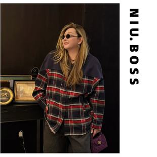 Ten.N大码 撞色拼接格纹连帽衬衫 270斤 复古风 卫衣 美式 Three