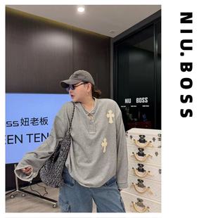 皮标毛边亨利领长袖 Three 松弛感 250斤 卫衣 Ten.N大码