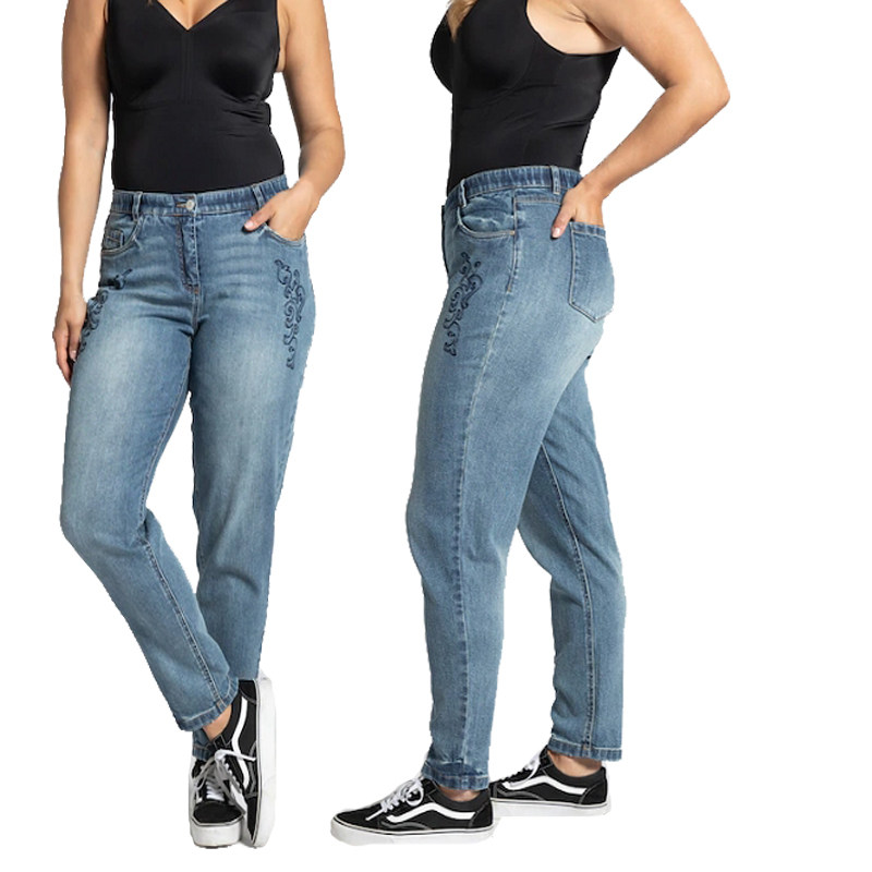 外贸 美单 春装新款复古刺绣休闲胖mm加肥加大码女装牛仔裤 200斤