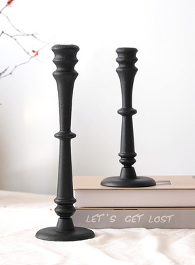 简约黑色铸铁蜡烛台 家居客厅餐厅装饰摆件 美式复古烛台两件套