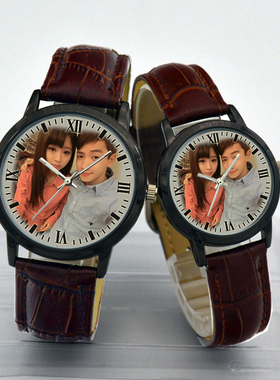 防水手表 情侣礼品DIY真皮表带手表定制照相片  背面刻字  黑色