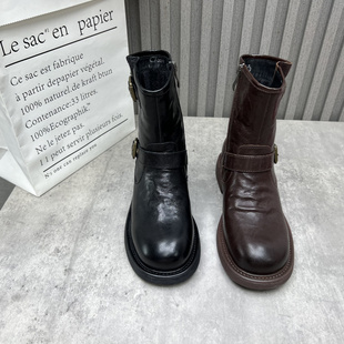 侧拉链英伦百搭绒里保暖马丁靴40 新款 断码 处理真皮女靴2025秋冬季