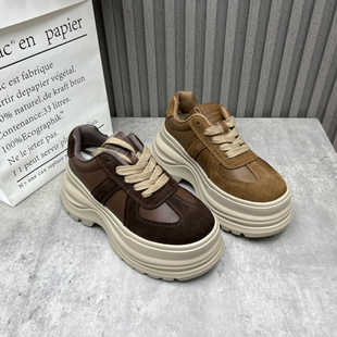 新款 2025秋季 松糕厚底增高德训鞋 韩版 清仓断码 女单鞋 处理真皮女鞋