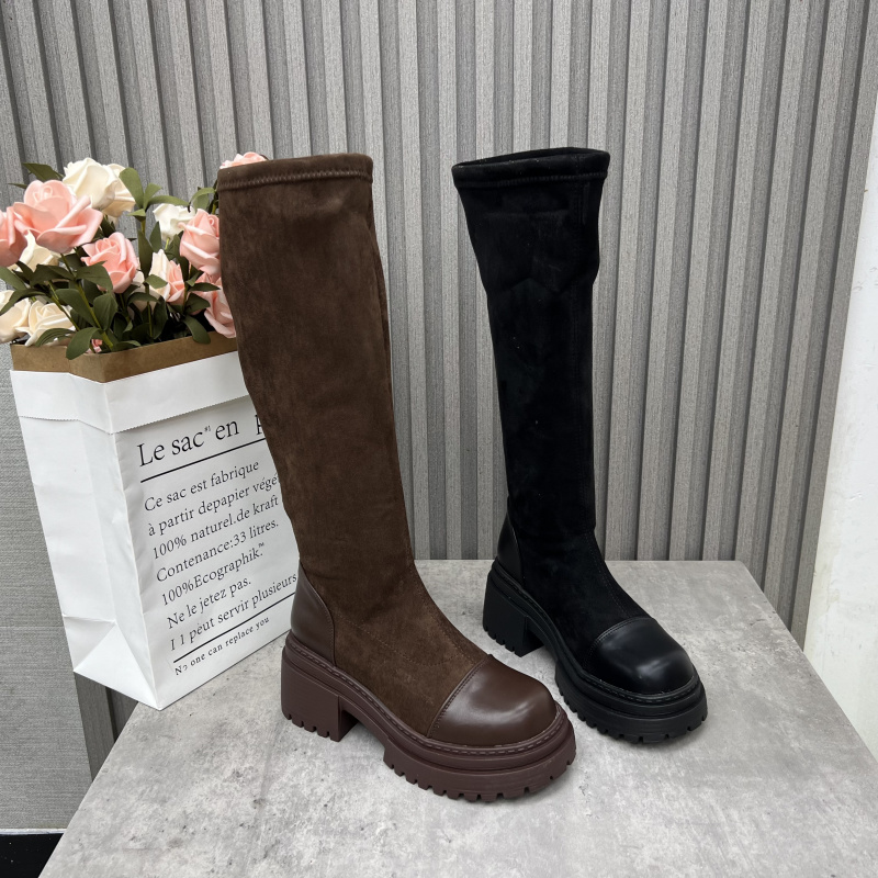 断码处理女鞋2024冬季新款圆头套筒粗跟高跟弹力靴加绒高筒靴女靴