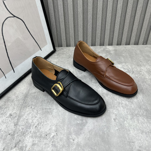 舒适低跟英伦纯色深口圆头套脚女单鞋 2024春新款 处理真皮女鞋 断码