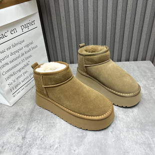 圆头套筒厚绒雪地靴 新款 厚底防滑女棉靴断码 处理真皮女靴2025冬季