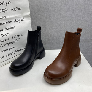 侧拉链粗跟高跟英伦女短靴 新款 厂家断码 处理真皮女靴2025秋冬季