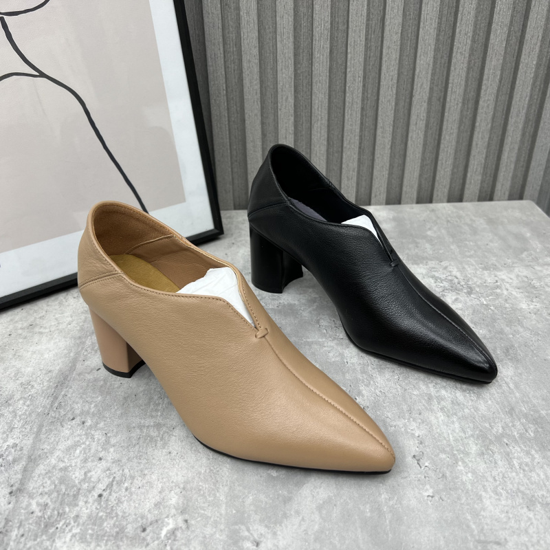 尖头粗高跟牛皮深口办公室女单鞋