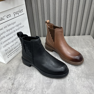 圆头套筒低跟舒适切尔西女短靴 新款 清仓断码 处理真皮女靴2024冬季