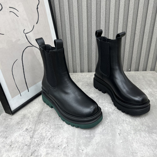 断码 粗跟英伦圆头马丁靴套筒纯色加绒女短靴 处理真皮女靴2023新款