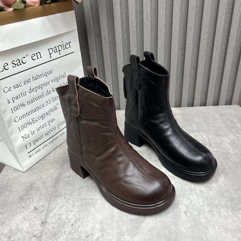 牛皮棉靴断码处理真皮女靴2025冬季新款后拉链中跟加绒时尚短靴41