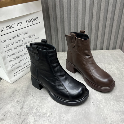 断码处理真皮女靴2025秋冬季新款后拉链中跟棉靴英伦加绒女短靴41