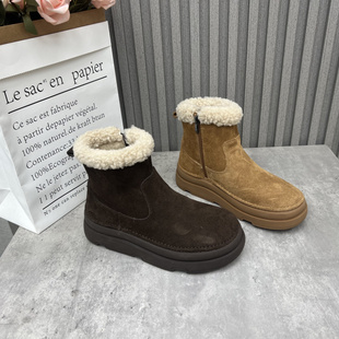 侧拉链厚底户外棉鞋 新款 厚绒保暖雪地靴 处理真皮女靴2024冬季 断码
