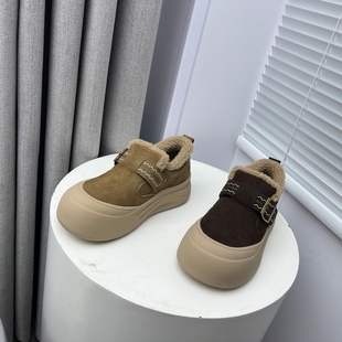 新款 2025秋冬季 厚底韩版 爆款 断码 加绒保暖复古女棉鞋 处理真皮女鞋
