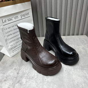 新款 处理女靴2025秋冬季 粗跟高跟加绒短靴 英伦马丁靴厂家断码 时尚