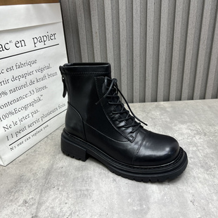 圆头中跟英伦风黑色通勤马丁靴 新款 厂家断码 处理女靴2025秋冬季