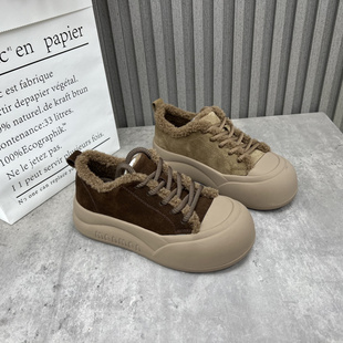 处理真皮女鞋 圆头加绒保暖休闲鞋 2024秋冬季 厚底韩版 新款 清仓断码