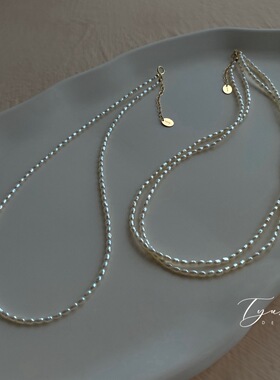 TYUSHA 稀有强光天然小粒珍珠项链女14K包金叠戴锁骨链轻奢毛衣链