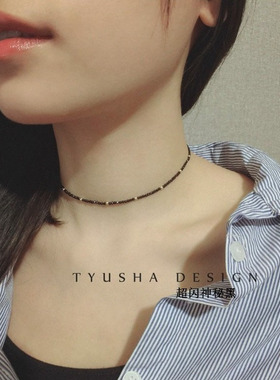 TYUSHA设计 天然黑色尖晶石14K注金项链锁骨链choker天然白水晶女