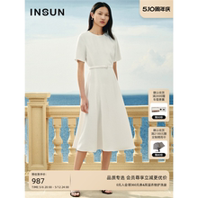 INSUN恩裳专选2024夏季气质圆领a摆白色连衣裙9C64205220