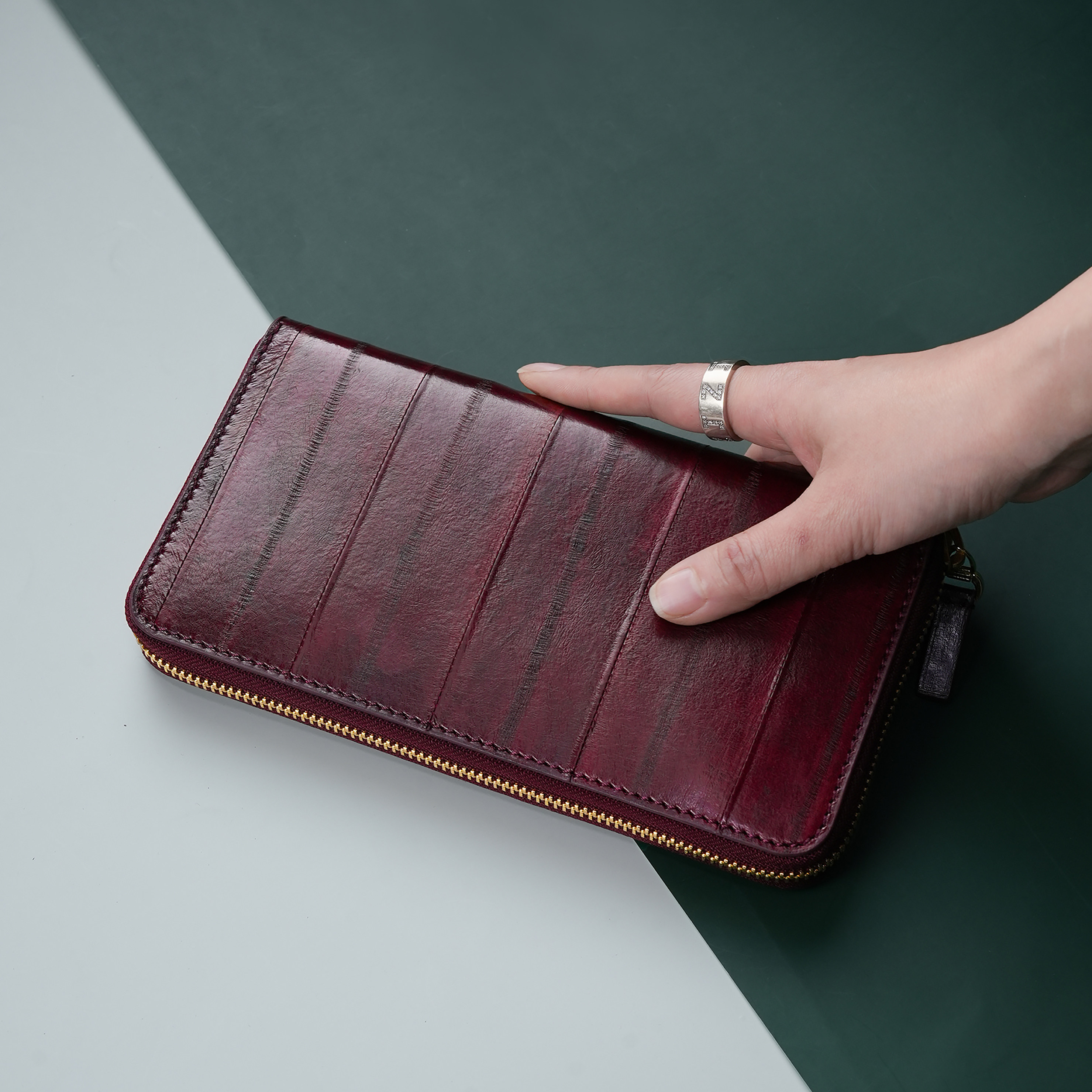 聚变手工皮具高端定制鳗鱼皮真皮拼接全插卡拉链长钱包手拿包