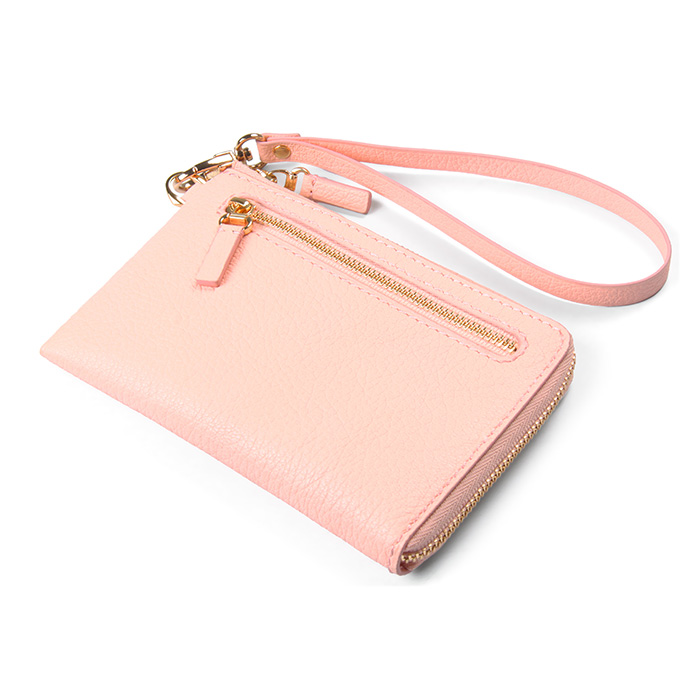 聚变手工皮具高端定制粉色鹿纹山羊皮直角拉链加大手带真皮零钱包