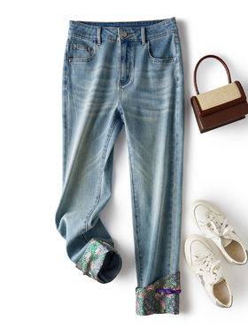 门店5&89！穿出小细腿新中式/刺绣水洗软牛仔直筒休闲女裤L72935