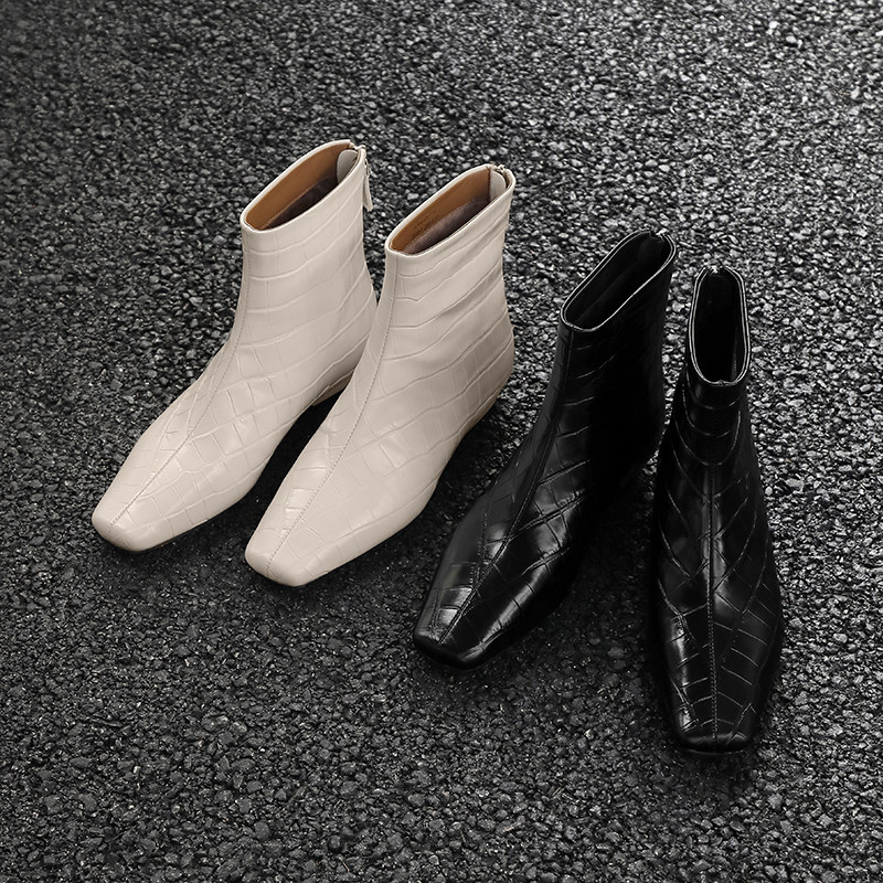 时尚压花方头冬季低跟法式气质平底真皮短靴女百搭时装靴白色靴子,女鞋,时装靴,淘宝优惠券,粉丝福利购,淘宝优惠卷