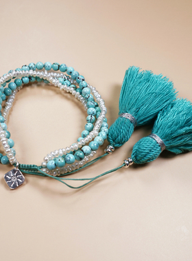 天然绿松石手链女款手工编织流苏饰品S925银原创设计多圈珍珠手串