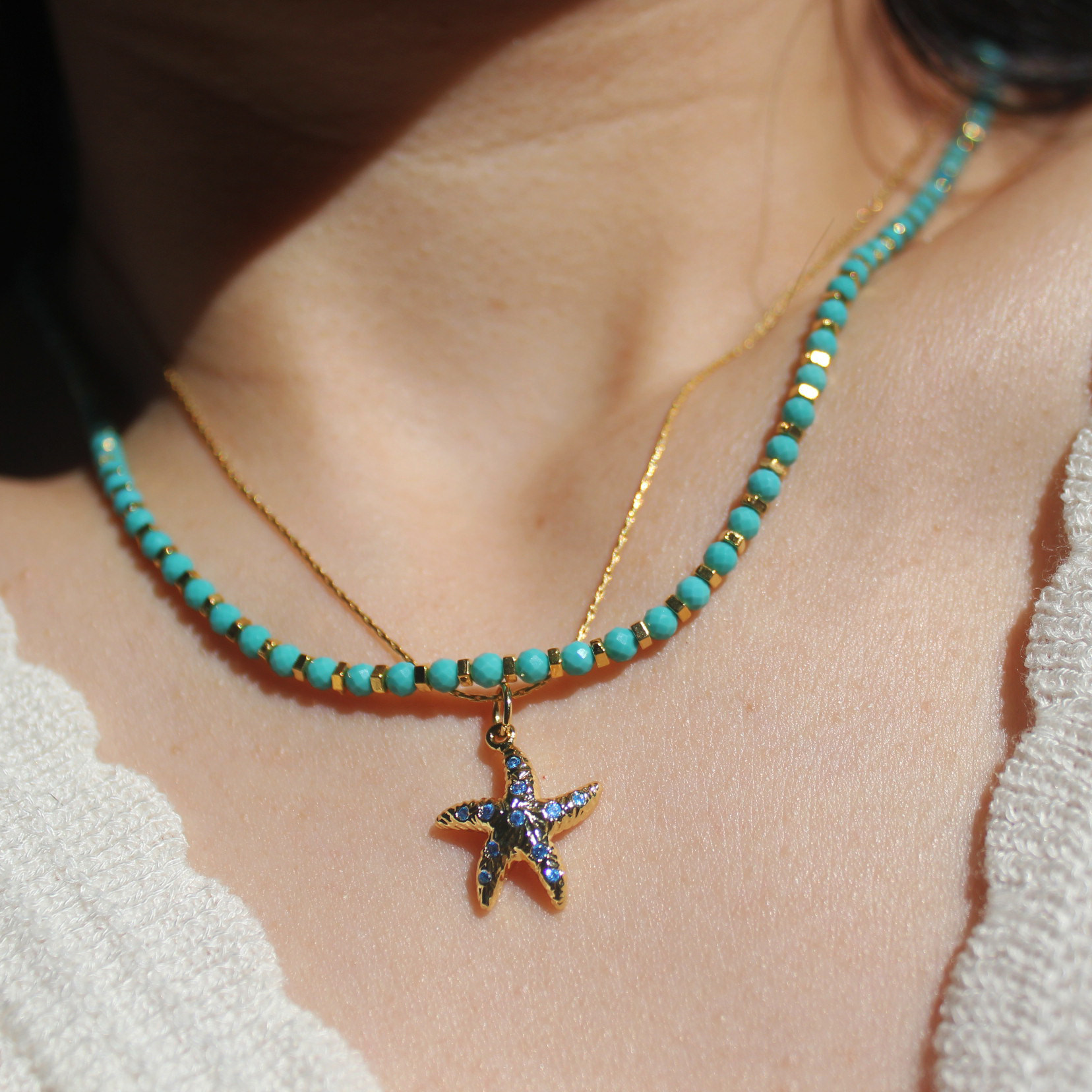 여성을위한 천연 청록색 쇄골 체인 오리지널 디자인 금도금  대비 페르시 넥 체인 쥬얼리 파란색과 청록색 목걸이