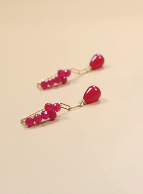 红宝石耳环女法式浪漫耳饰原创设计14KGF串珠耳钉红刚玉耳坠耳链