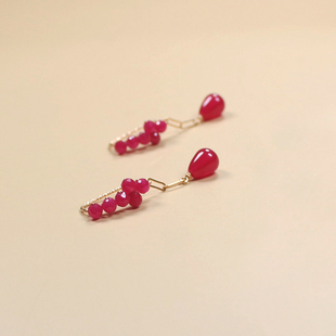 红宝石耳环女法式浪漫耳饰原创设计14KGF串珠耳钉红刚玉耳坠耳链