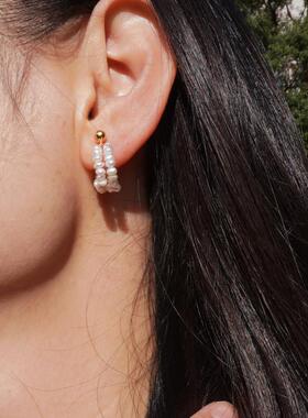 天然珍珠耳环法式设计感耳饰14k注金耳钉女淡水迷你珍珠串珠耳圈