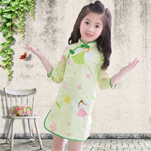 中袖女童旗袍儿童七分袖连衣裙子纯棉唐装宝宝古筝演出服新品促销