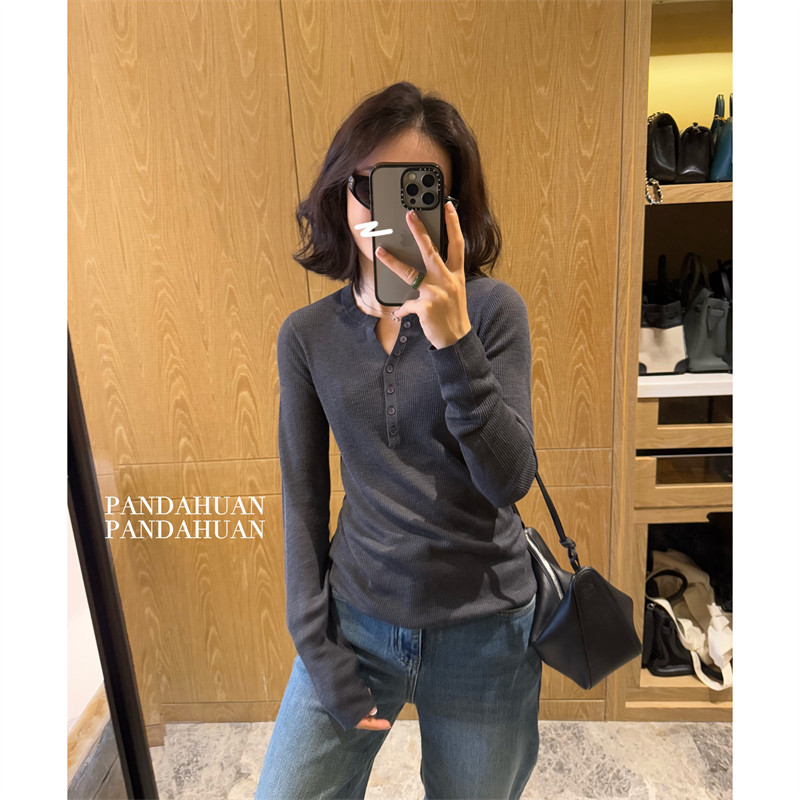 豆绿/深灰/条纹_单排扣半开领修身针织衫女长袖套头打底小衫