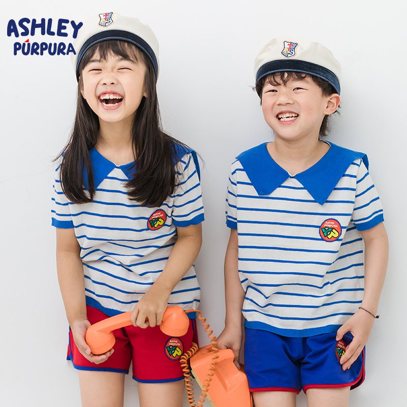 ashley夏装 儿童条纹t恤衫 短袖薄款针织衫 男女童趣海军风海魂衫