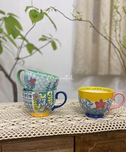 手绘浮雕手绘釉下彩浪漫早餐杯牛奶杯 美式