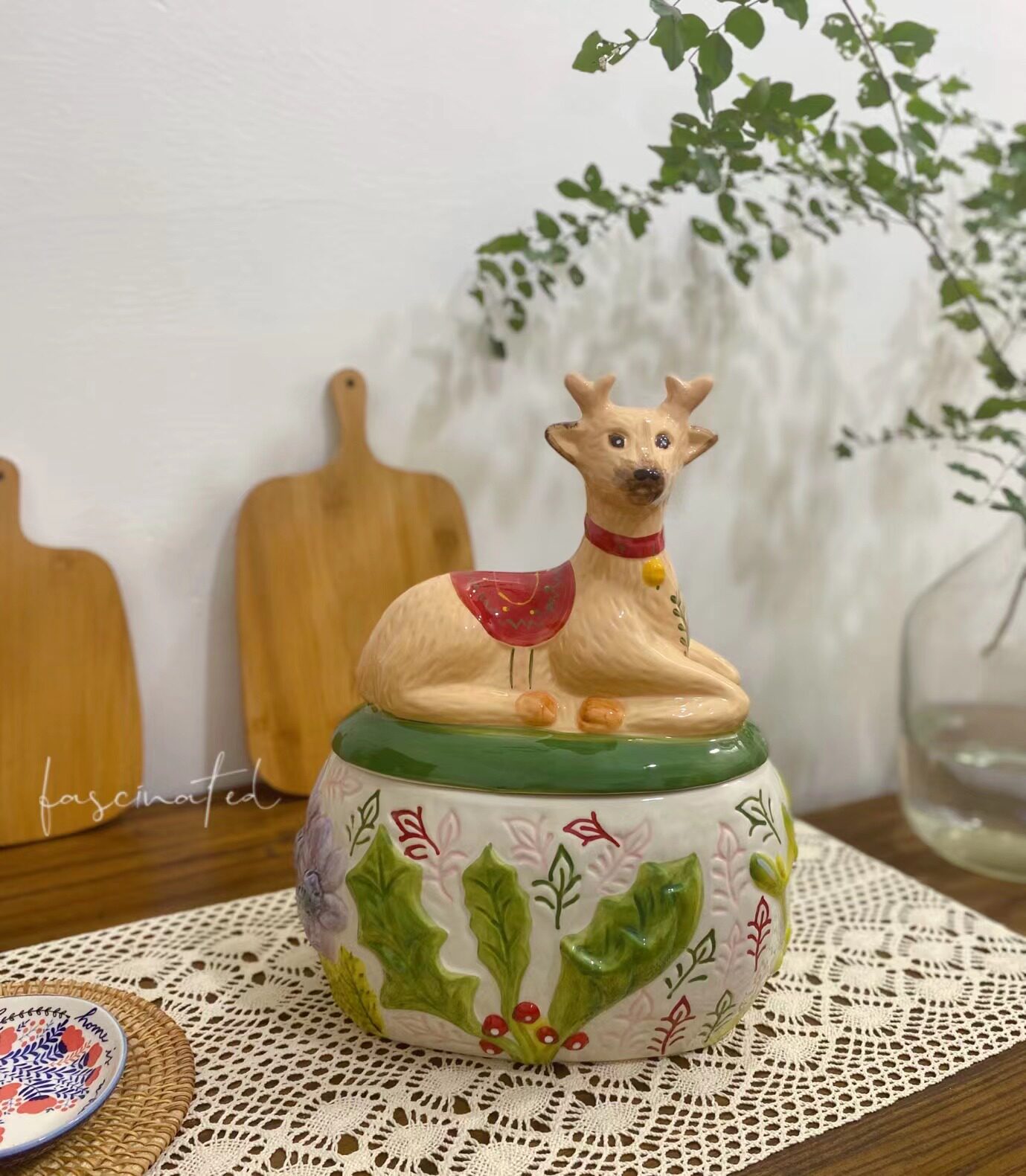 美国红牌 anthropol**ie 手绘釉下彩圣诞麋鹿大号储物罐饼干罐