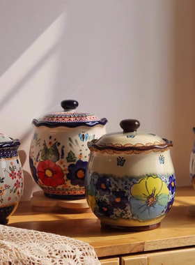 浪漫与歌 | 波兰手绘釉下彩复古 波浪花边家用陶瓷储物罐密封罐