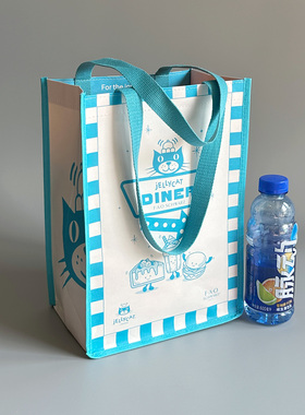 出口老美加厚牛皮纸手提袋单肩包 可爱猫咪清新蓝色礼品袋 补习袋